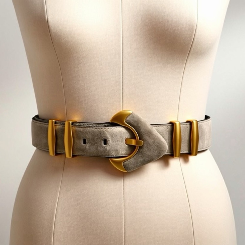 Escada Suede statement belt, matte gold hardware, suede buckle, L, 33-36”